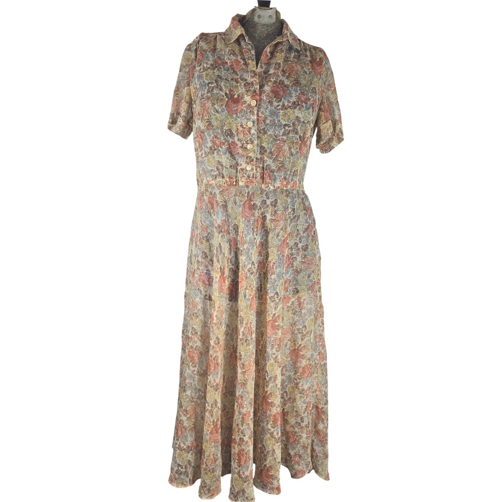 M Company Floral Print Sheer Dress Short Sleeve Button Front Med Prairie Cottage